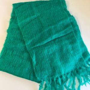 John Hanly & Co Ireland Green Hand Woven Mohair/Wool Fringe Long Wrap Scarf NEW